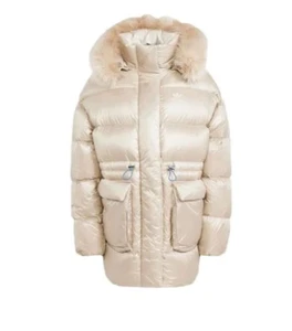 adidas women's Puffed Long Fur Jacket Size Large New Beige IR7116 - Picture 1 of 14