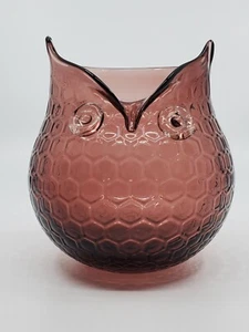 BLOWN ART GLASS ~ AMETHYST HONEYCOMB PATTERN OWL PITCHER VASE  - Picture 1 of 8