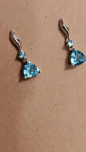 14k Gold Blue Topaz Dangle Post Designer Signed Earrings White Gold - Picture 1 of 7