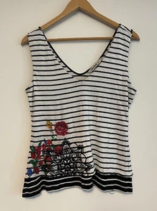DESIGUAL Black White Stripe Monochrome Floral Embroidered Tank Singlet Size M - Picture 1 of 14