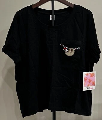 ELECTRIC PINK Women's Top Short Sleeve Size 1X Embroidered Christmas Sloth NWT - Image 1 of 4