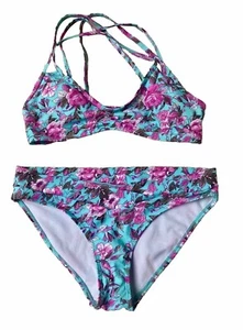 Costume da bagno donna Antiqua 2 pezzi bikini floreale incrociato schiena rosa turchese tg 6-8 med - Foto 1 di 5