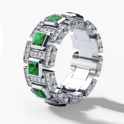 3Ct Princess Emerald Wedding Band Men's Diamond Ring 14K White Gold Over Silver — 第 1/4 张图片