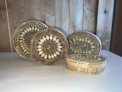 Set of 4 Hand Made  Round & Oval Basket with Lid with Yellow Cowrie Shells Cover
