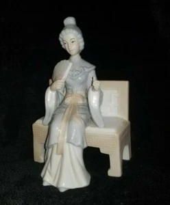 Vintage KPM Japan Geisha Girl With Fan Sitting On A Bench 7" Tall - Picture 1 of 11