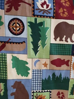 Sewing Fabric VIP Cabin Camp Bear Moose Blue Green Pine Trees 1.7ydX60" Cotton - Image 1 of 4