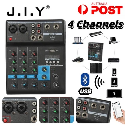 JIY 4 Channel Audio Mixer Bluetooth Sound Console DJ Live Mixing PC Record USB - Image 1 of 4