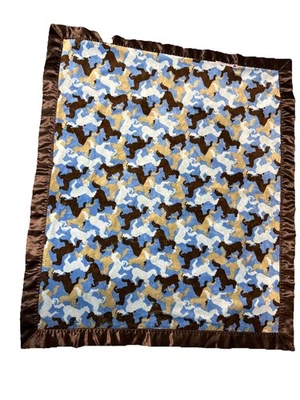 Baby Receiving Blanket Horses Cowboy Brown Blue Satin Trim  SOFT Velour 35x30” - Image 1 of 4