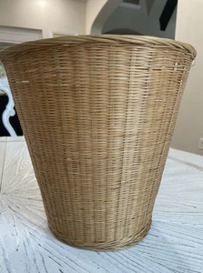 Vintage Wicker Wastebasket Round Woven Trash Garbage Can Planter Boho 1970s - Picture 1 of 5