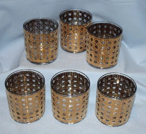6 Vtg Culver Style Gold Lattice Old Fashioned Glasses Hollywood Regency MCM - Picture 1 of 11