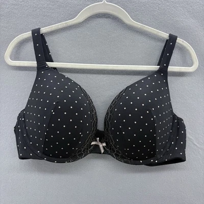 Cacique Lane Bryant Black Polka Dot Smooth Satin Boost Plunge Bra w/ Lace SZ 42C - Image 1 of 4