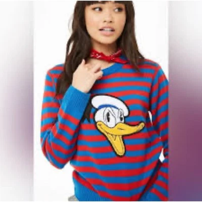 Disney x Forever 21 Women's Medium Donald Duck Blue Red Striped Knit Sweater - Image 1 of 4