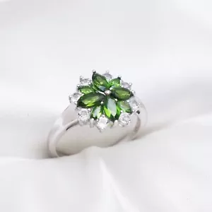 Natural Chrome Diopside and White Topaz Gemstone Sterling Silver Ring - Picture 1 of 7