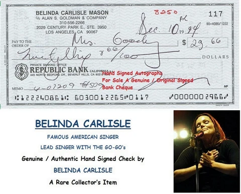 BELINDA CARLISLE  AMERICAN SINGER WITH GO-GO's SIGNED BANK CHEQUE 1994 RARE ITEM Cover