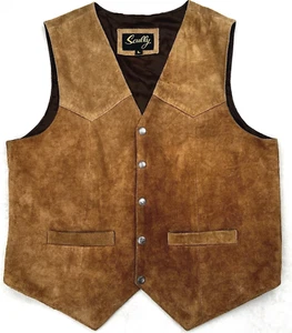 Gilet SCULLY pelle scamosciata marrone uomo grandi bottoni a pressione western cowboy vita cappotto - Foto 1 di 24