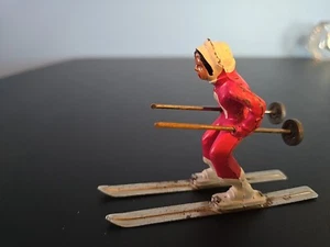 Vintage Barclay Manoil Skier Lead Winter Snow Skiing Toy Figure Female White Red - Picture 1 of 9
