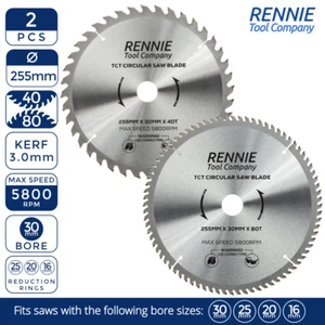 2 x 255mm x 40T & 80T TCT Circular Wood Saw Blades for Dewalt Bosch Makita Mitre - Picture 1 of 7