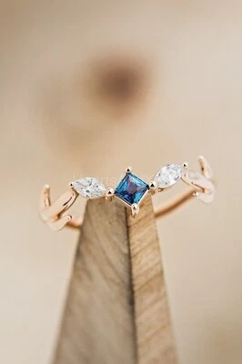 0.6ct Princess Cut Natural London Blue Topaz & Diamond 14k SOLID Rose Gold Ring - Image 1 of 4