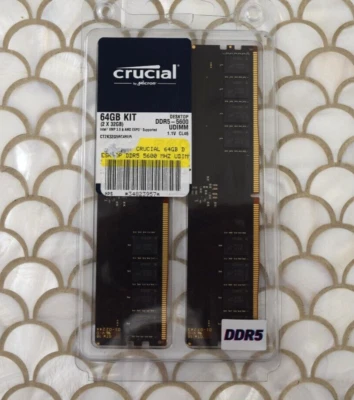 Crucial 64GB Kit 2x32GB DDR5 UDIMM 5600MHz CL46 Desktop PC Memory CT2K32G56C46U5 - Image 1 of 4
