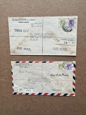 Hong Kong 1947 Reg Cover (E22) + KGVI Bicolor Frank = 2,25 $ + 2 etiquetas Reg = 34B + 342C Foto 1 de 2