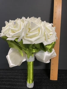 Wedding Flower Rhinestone Bouquet Bride Bridesmaid Rose Satin Bridal Large 11x9" - Picture 1 of 11