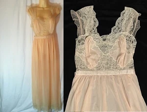 Vtg 50s Luxite Long NIGHTGOWN Gown SHEER SILKY Peach Nylon Ivory Lace Mesh 36 - Picture 1 of 13