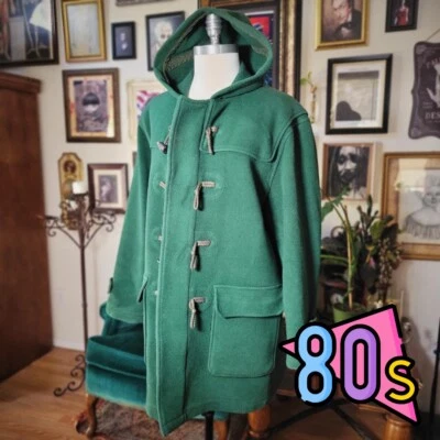 Vintage 80s UNITED COLORS OF BENETTON Mens Green Hooded Duffle Coat Italy - 44 - Image 1 of 4