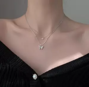 925 Sterling Silver Double Layer Butterfly Necklace Choker Women Jewelry gift - Picture 1 of 8