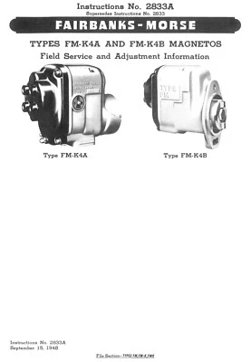 Manual de serviço instruções nº.  Magnetos 2833A Fairbanks Morse FM-K4A e FM-K4B - Imagem 1 de 4