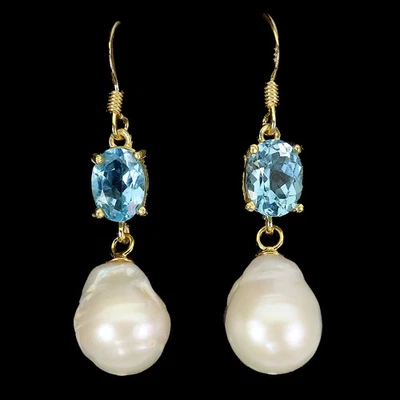 925 Sterling Silver Earrings Oval Swiss Blue Topaz Pearl Natural Gemstone Jewelr - Image 1 of 4