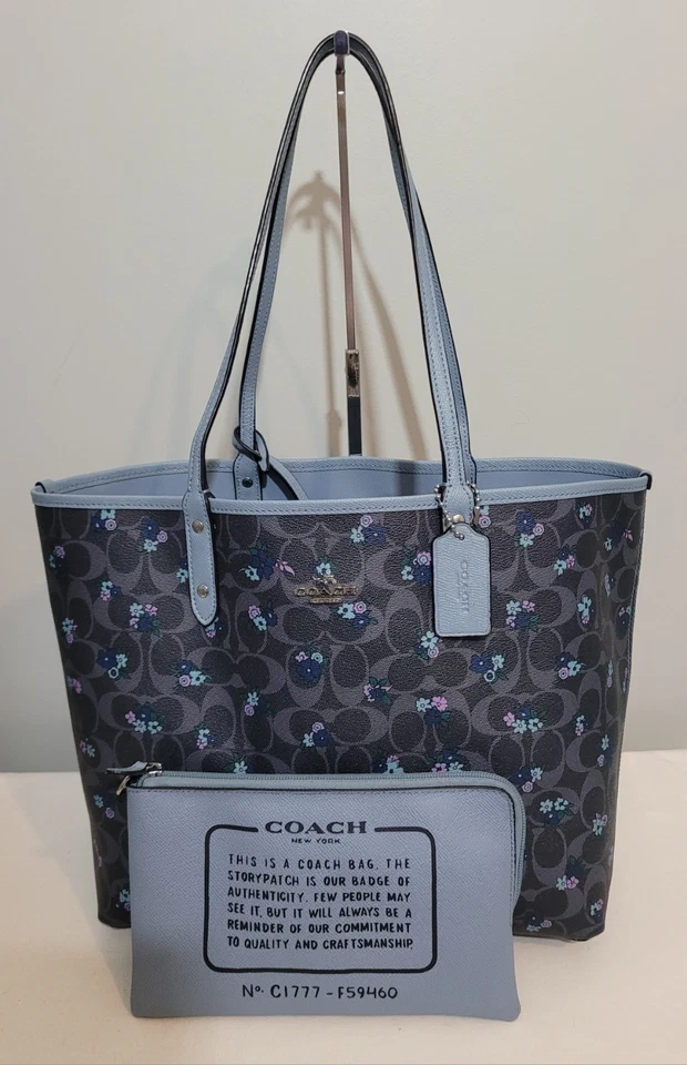 Coach Reversible City Tote Navy Floral Light Blue Coated Canvas W/ Pouch F59460 - Image 1 of 4
