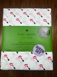 Set lenzuola Kate Spade Queen labbra rossetto bianco 100% cotone 4 pezzi nuovo con etichetta - Foto 1 di 3