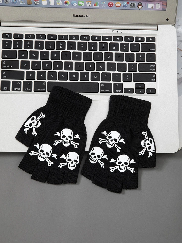 Guantes Esqueleto Calavera Medio Dedo Luminosos Estilo Halloween Mitón Negro Para Niños Foto 1 de 4