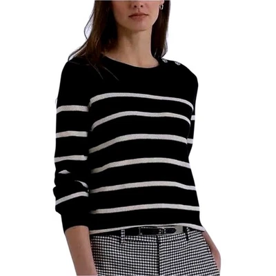 Lauren Ralph Lauren 黑色象牙色条纹棉质纽扣肩毛衣 XXL 优雅 — 第 1/4 张图片