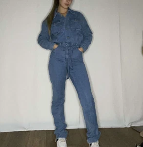 Boohoo Tall Belted Tapered Cargo Denim Boilersuit - Picture 1 of 5