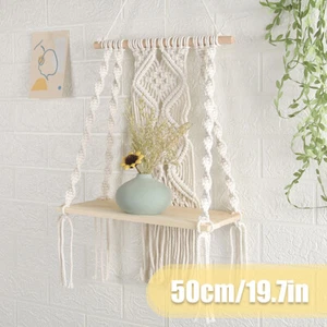 Wooden Floating Shelf Macrame Bohemian Wall Hanging Swing Shelf Display CowkF - Picture 1 of 9