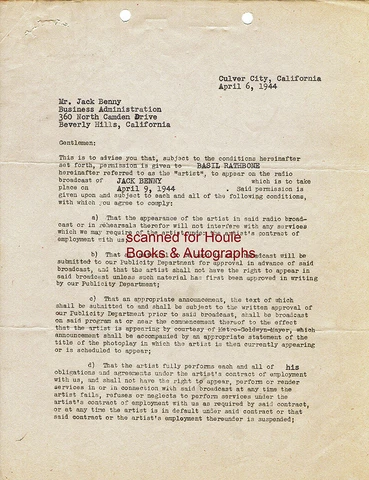 JACK BENNY - DOCUMENT - SIGNED - BASIL RATHBONE -   - VIOLIN Cover