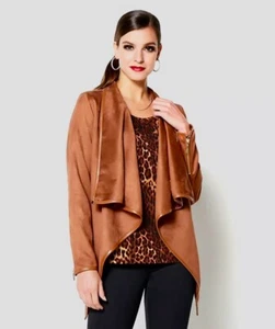 IMAN NWT Faux Suede Drape Open Jacket Cuff- Zipper Asymmetric Hem Cognac 1X - Picture 1 of 1