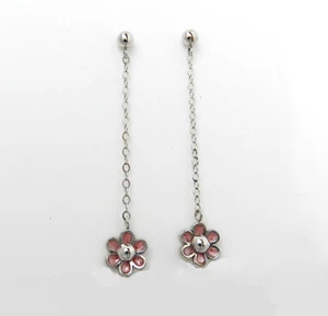 SCHÖNE ROSA BLUME 14K WEISSGOLD BAUMELNDE HANDGEFERTIGTE OHRRINGE NEU IM KARTON # J487 - Bild 1 von 3