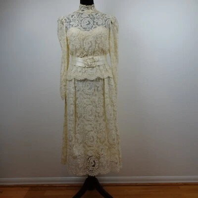 Vintage 80s 90s Wedding Dress Ivory Lace Custom Made Size S Party with Jacket - Image 1 of 4