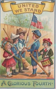 Cuatro de Julio - NIÑOS SOLDADOS - Postal Patriótica C Chapman en Relieve 4to - Imagen 1 de 2