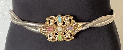 Vintage Twisted Serpent Stretch Metal Faux Gemstone Pearl Buckle Belt Size Small - Image 1 of 4
