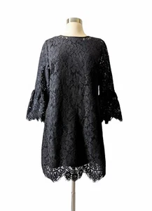 BANANA REPUBLIC Kleid Petite schwarz Blumenmuster Spitze Mantel Glockenärmel gefüttert - 8P - Bild 1 von 6