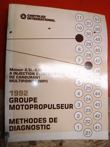 1992 JEEP WRANGLER CHEROKEE 2.5 4.0 EFI DIAGNOSTIC SERVICE MANUAL IN FRENCH  - Imagen 1 de 6