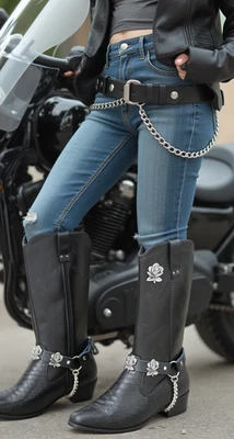 Bota de motociclista occidental para mujer cadena plateada correa de cuero sintético negro bandas de flores rosas Foto 1 de 4