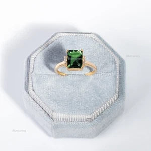 Radiant Cut Green Tourmaline &East West Trio Diamond Band Ring In 14kYellwo Gold - Picture 1 of 10