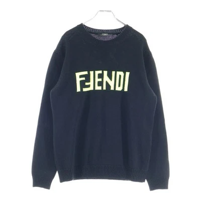 FENDI GIROCOLLO WORDING KNIT FRONT LOGO CREW NECK SWEATER BLACK FZZ469 A8B9 Used - Image 1 of 4