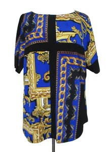 Joseph Ribkoff Tunic Top Women L/XL Blue Gold Baroque Chain Print Short Sleeve - Picture 1 of 9
