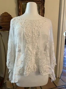 XCVI Lace Kimono Tunic Top Womens White Boho Oversized Flowy Beachy Scoopneck - Picture 1 of 6
