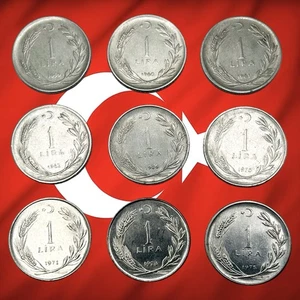 Lot of 9 Different Turkey 1 Lira Coins - 1950s, 60s & 70s - Combined Ship - Picture 1 of 2